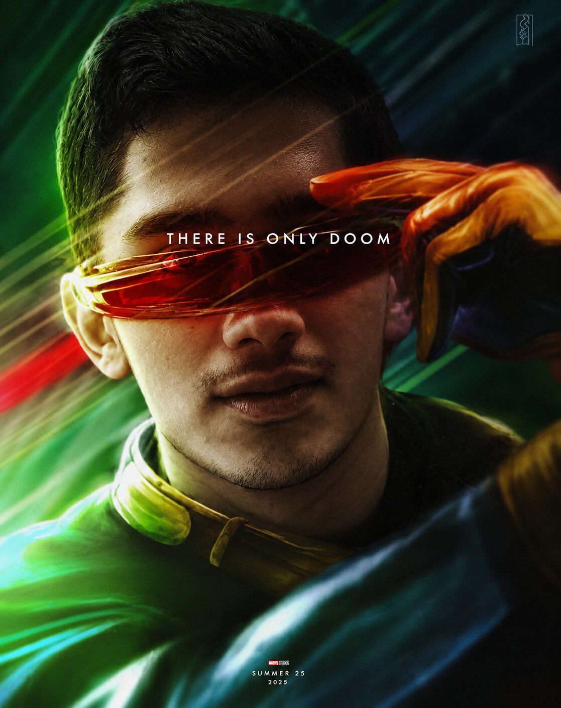 Apras in a cinematic poster edit, wearing a red visor against streaks of green light